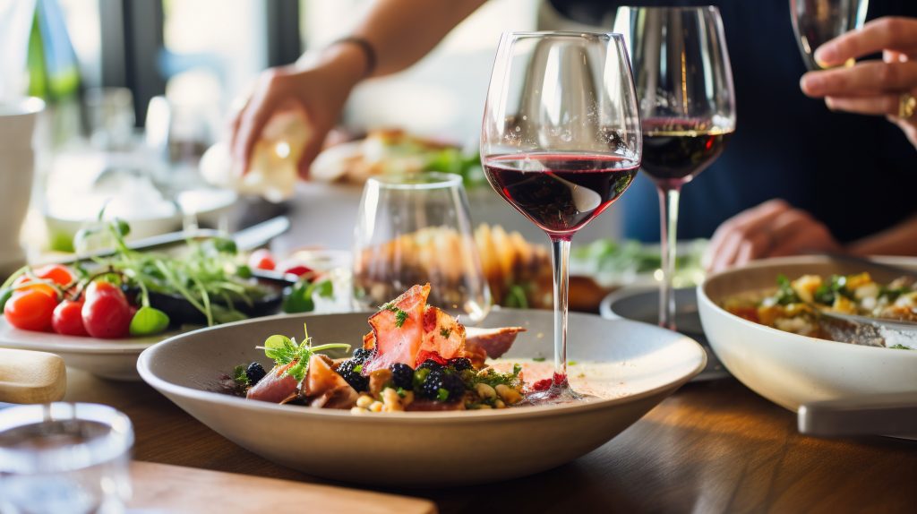 zdjęcie przedstawia stół z talerzami, w których znajdują się kolorowe posiłki z diety śródziemnomorskiej, wśród elementów pojawiają się także kieliszki z czerwonym winem