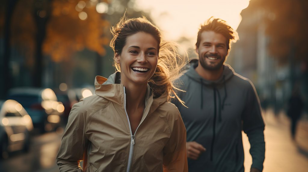zdjęcie przedstawia roześmianych ludzi w czasie joggingu, który zmniejsza ryzyko wystąpienia depresji 