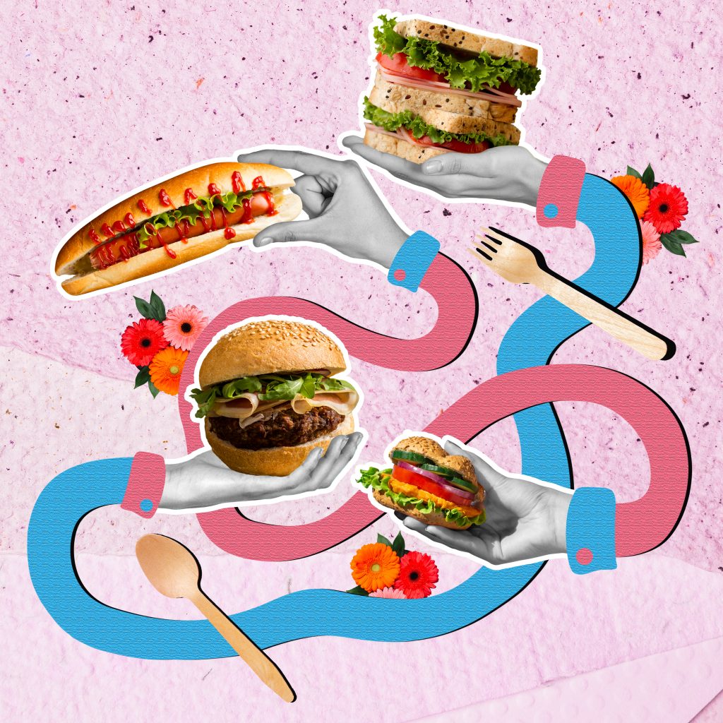 kolorowa grafika przedstawia dłonie trzymające różne kanapki: hamburger, kajzerka, hot-dog i podobne